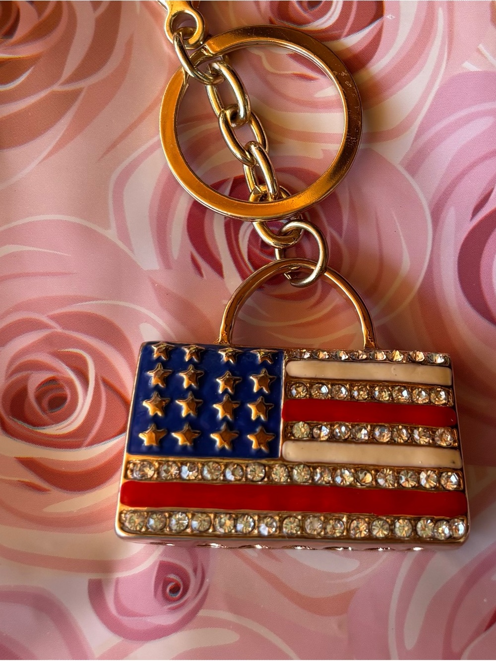 Gold-Tone American Flag Crystal Keychain Charm - Blue, Red, White